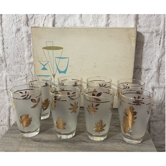 Vtg 1960s  Libbey Golden Foliage Frosted Tumblers Glasses 14 oz  Set of 8 NEW - Picture 1 of 7